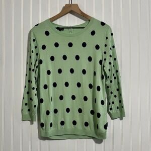 TALBOTS Womens Polka Dot Sweater M Cotton Rayon Retro Prep Mint Green Navy Blue